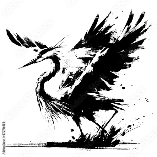 Heron in illustration in brush stroke painting, photo