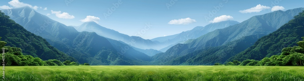 Serene mountain landscape with lush green meadow Serene mountain landscape with lush green meadow