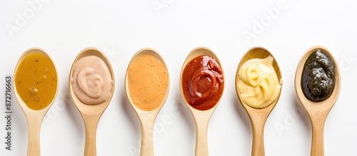 Various sauces displayed on...