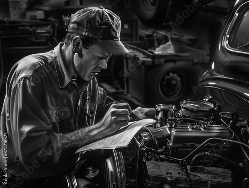 Vehicle repairman examining the engine and making notes on a checklist © somchit