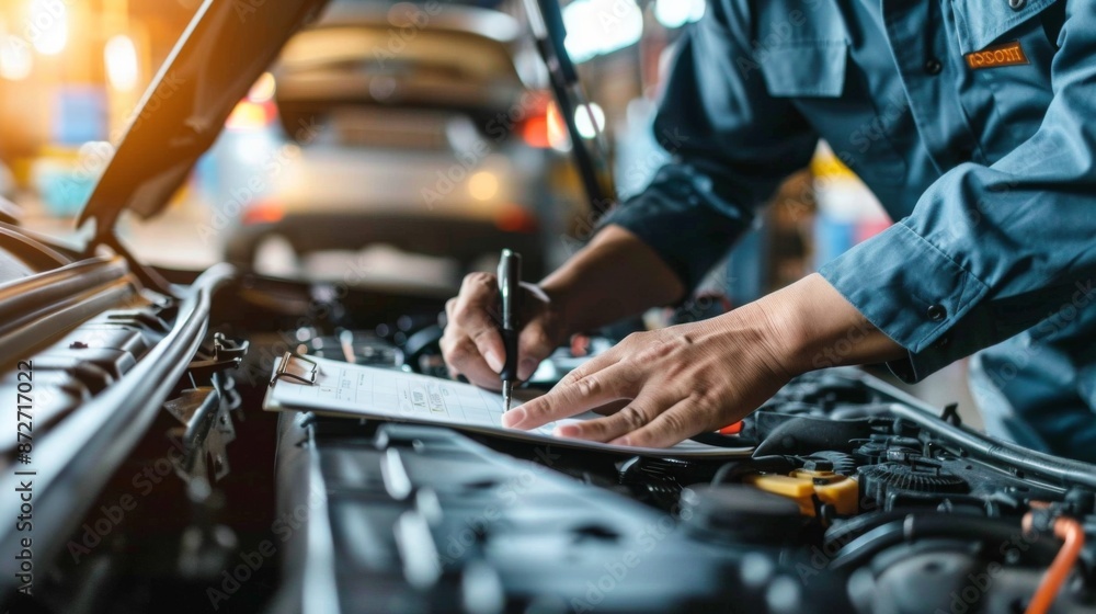 Vehicle technician inspecting under the hood and making notes on a checklist Vehicle technician inspecting under the hood and making notes on a checklist