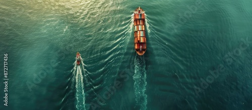 Fototapeta Naklejka Na Ścianę i Meble -  A bird's eye view captures a massive container ship sailing on the open sea, symbolizing the import-export industry with ample copy space image.
