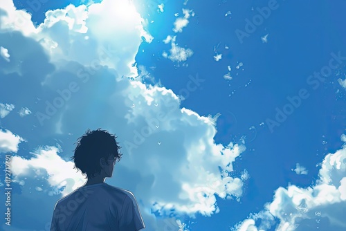 a man standing in front of a blue sky with clouds