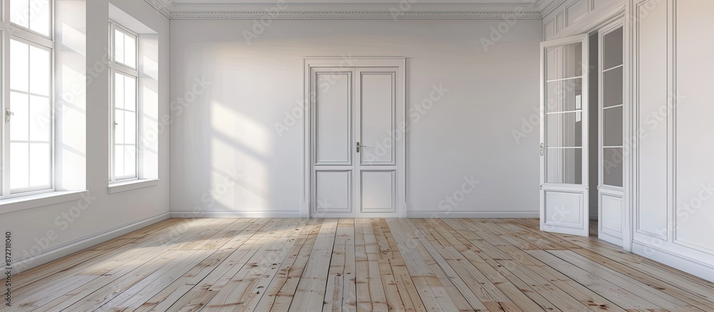 Obraz premium Interior of spacious empty living room with whitewash walls laminated floor with white doors and wooden wardrobe. with copy space image. Place for adding text or design