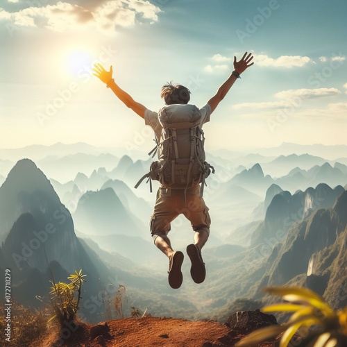 Silhouette of a climber jumping for joy at the mountain top during a vibrant sunset