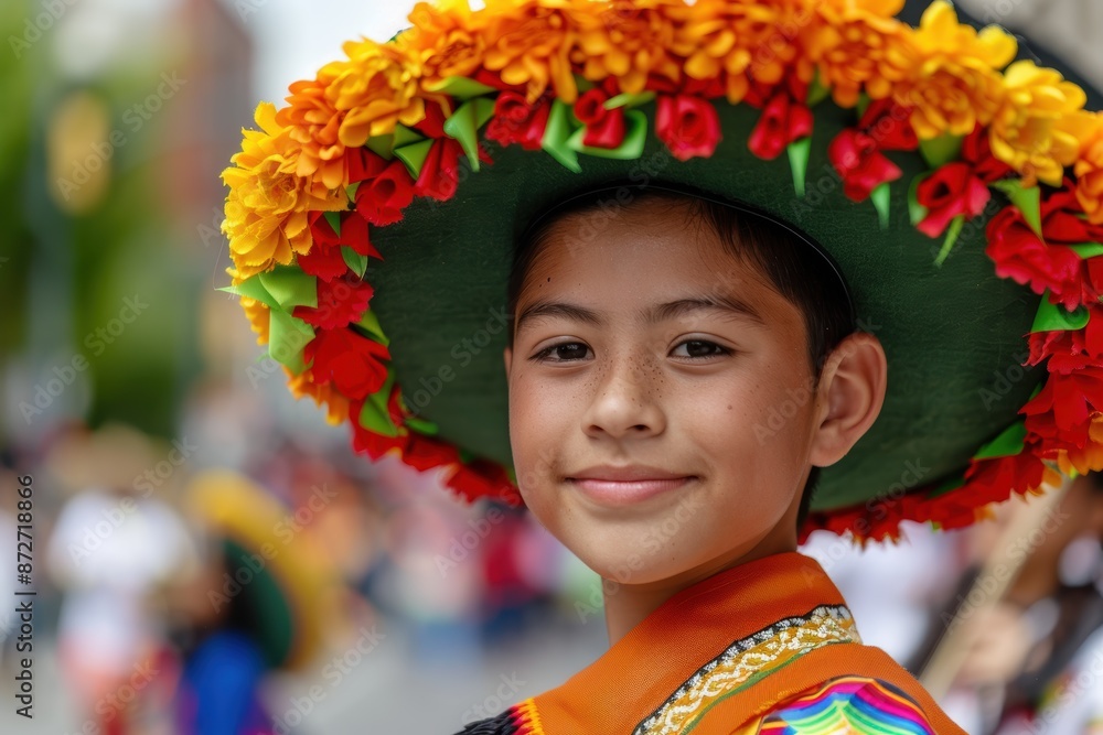 smiling child in colorful flower crown smiling child in colorful flower crown