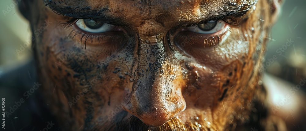 Stern look warrior with scars on his face, eyes looking at camera. Close-up of brave angry fighter Stern look warrior with scars on his face, eyes looking at camera. Close-up of brave angry fighter