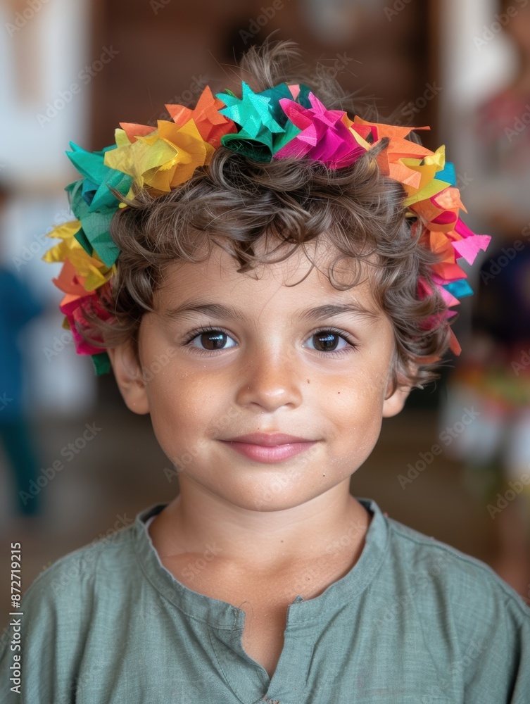 young child with colorful paper star crown young child with colorful paper star crown