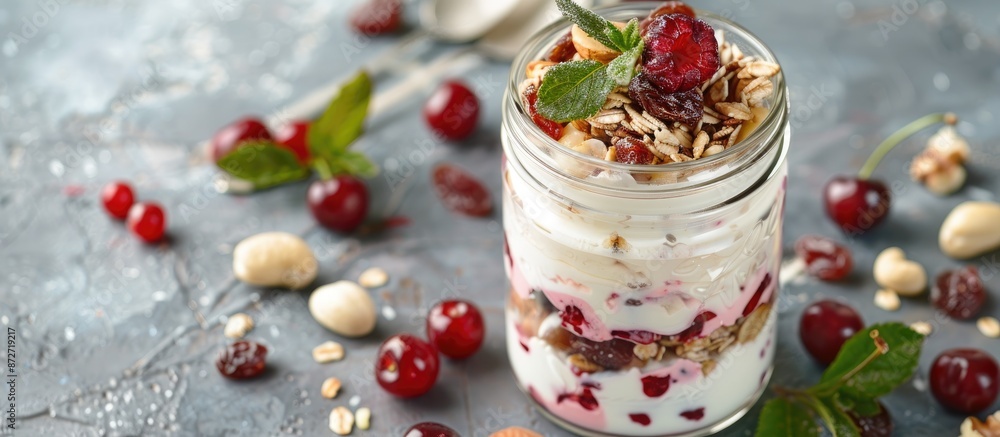 Copy space image of a nutritious cherry breakfast with cream cheese, granola, nuts, dried fruits, and white chocolate in a mason jar on a table. Copy space image of a nutritious cherry breakfast with cream cheese, granola, nuts, dried fruits, and white chocolate in a mason jar on a table.