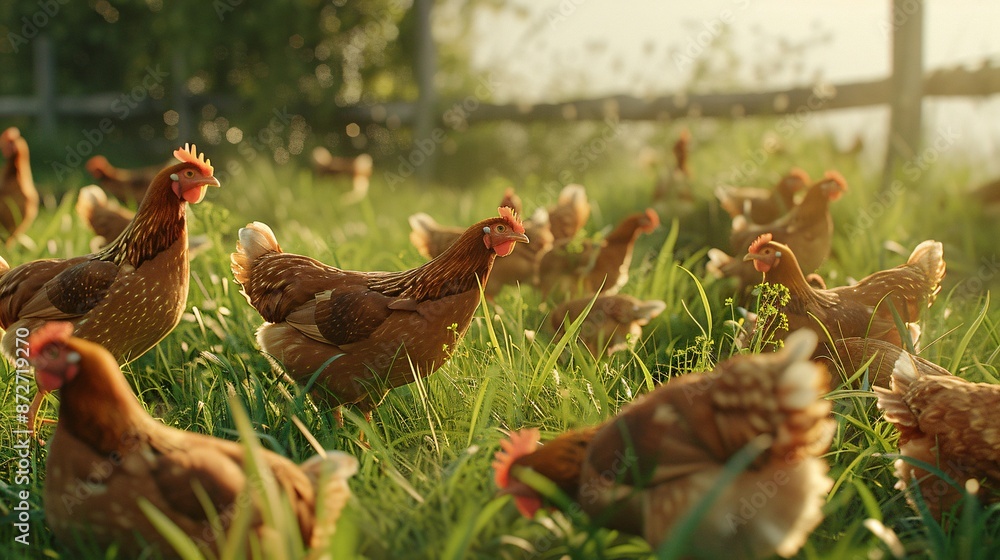 Fototapeta premium Group of chickens foraging on green grass.