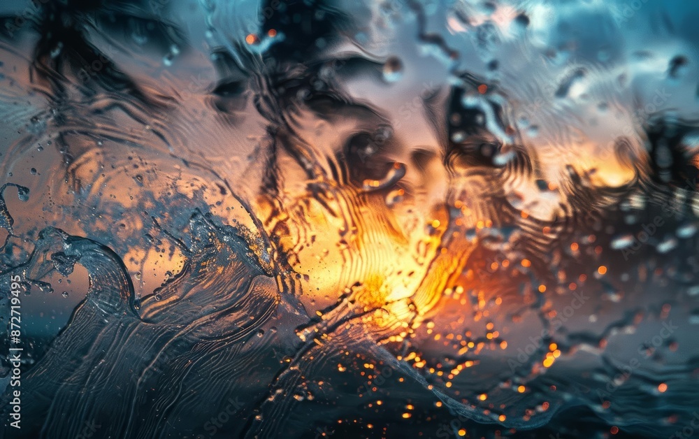 Abstract view of a sunset through rain-covered glass. Abstract view of a sunset through rain-covered glass.