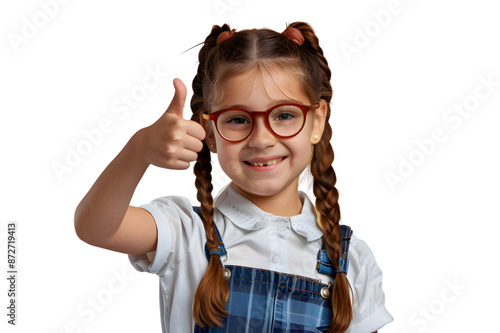 Smiling school girl showing thumb up isolated on transparent background