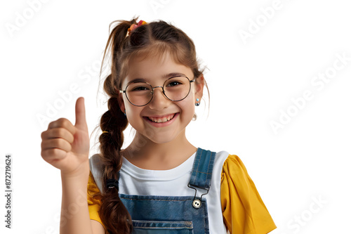Smiling school girl showing thumb up isolated on transparent background