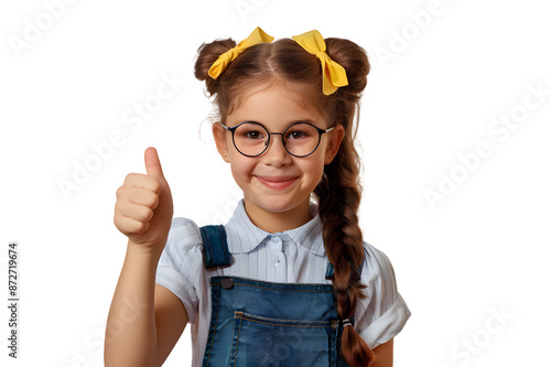 Smiling school girl showing thumb up isolated on transparent background