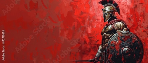 Illustration of spartan warrior in armor with shield and sword, antique Greek military, muscular ancient soldier, realistic