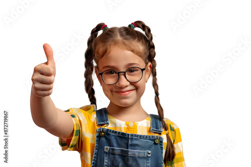 Smiling school girl showing thumb up isolated on transparent background