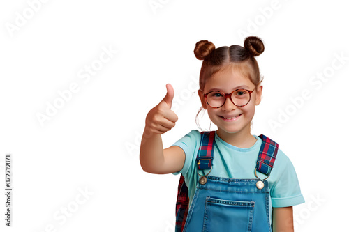 Smiling school girl showing thumb up isolated on transparent background