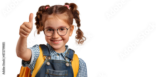 Smiling school girl showing thumb up isolated on transparent background