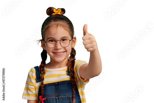 Smiling school girl showing thumb up isolated on transparent background