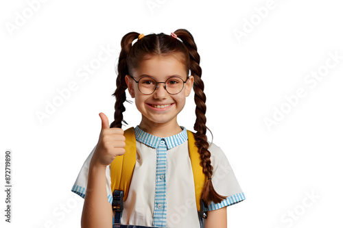Smiling school girl showing thumb up isolated on transparent background