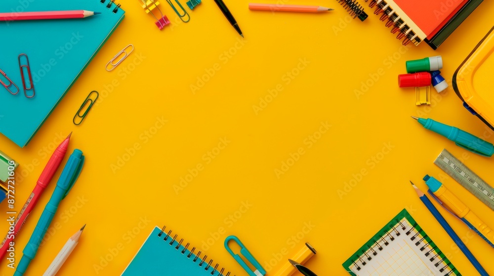 Colorful School Supplies on Yellow Background. Back to school banner, poster.
Colorful School Supplies on Yellow Background. Back to school banner, poster.
