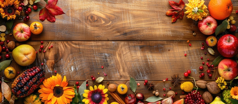 An autumn-themed flat lay image featuring various fruits, vegetables, spices, and flowers on a wooden surface with spacious area for text or graphics. copy space available An autumn-themed flat lay image featuring various fruits, vegetables, spices, and flowers on a wooden surface with spacious area for text or graphics. copy space available
