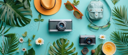 Summer vacation things neatly organised Travel concept Flat lay  photo