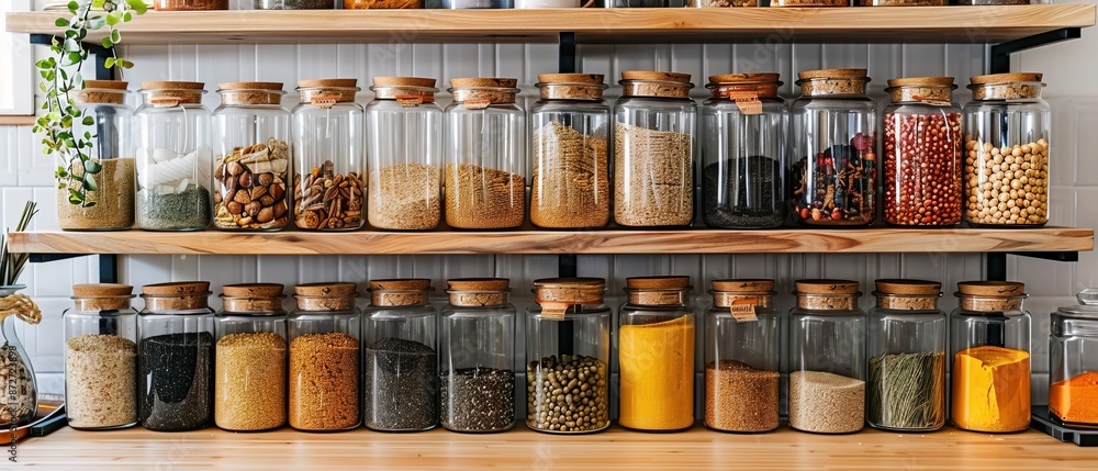 Neatly organized labeled food pantry in a home kitchen with spices grains flour rice sugar nuts Neatly organized labeled food pantry in a home kitchen with spices grains flour rice sugar nuts