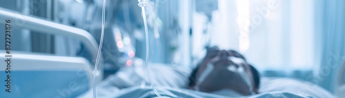 Editorial photography of a hospital bed  a patient lying calmly with an IV attached  showcasing the medical equipment and the clean  sterile environment