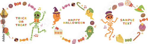 10月　ハロウィーン　お菓子　骸骨　お化け　イラスト素材　丸フレームセット