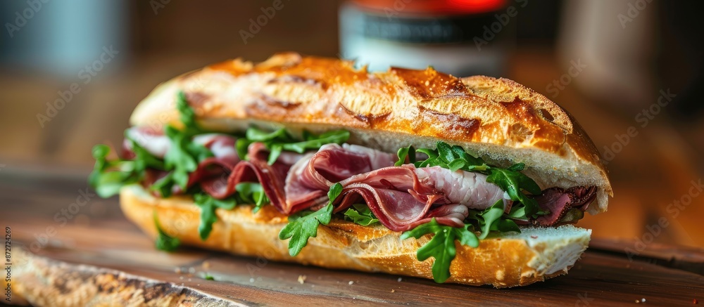 Vietnamese street food featuring a sandwich with French bread and beef ham in a copy space image. Vietnamese street food featuring a sandwich with French bread and beef ham in a copy space image.