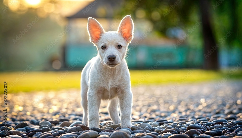 Happy White Puppy on Gravel Happy White Puppy on Gravel