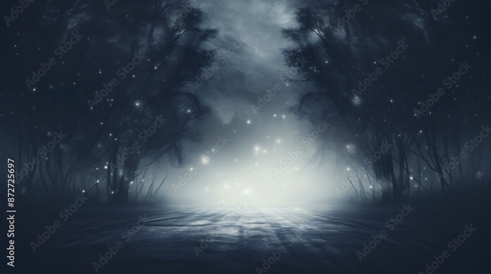 Dark road in a moonlit, foggy forest. Dark road in a moonlit, foggy forest.