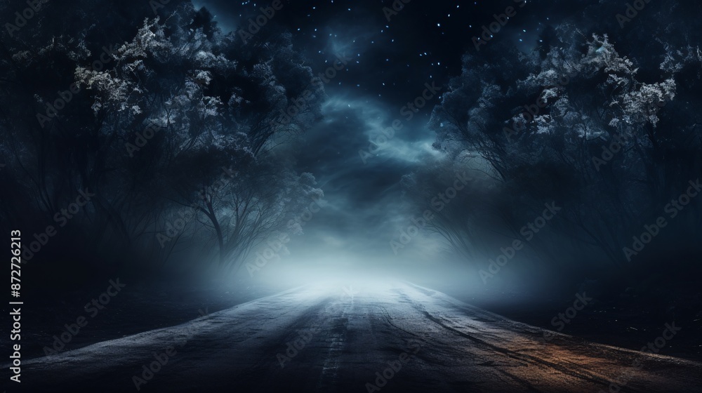 Fototapeta premium Spooky forest road shrouded in fog and moonlight.