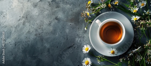 Herbal tea with chamomile on gray surface, with a vacant area for text or images. copy space available