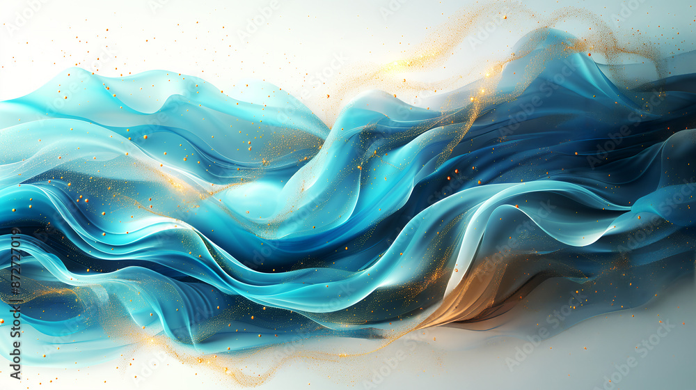 abstract 3d flowing wave background, in the shades of blue and gold ...