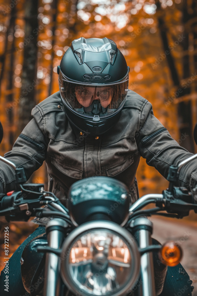 Motorcyclist in helmet and jacket sitting with motorcycle Motorcyclist in helmet and jacket sitting with motorcycle