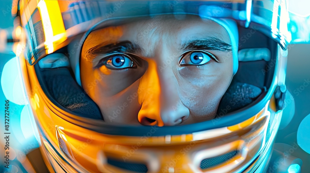 racing car driver in blue eyes wearing helmet with blur background racing car driver in blue eyes wearing helmet with blur background