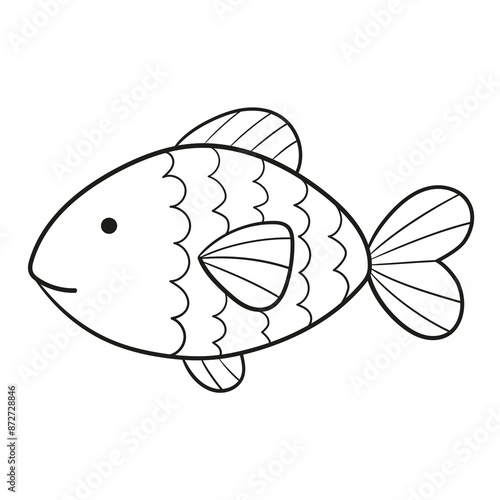 Black and white illustration of a fish with scales and three rounded fins with stripes, clipart, coloring page