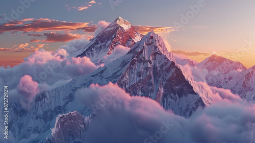 A majestic mountain peak towering above the clouds, bathed in golden sunlight with a soft mist rising from its base photo