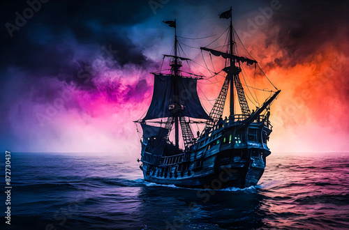 A neon color, A spooky, ghostly pirate ship, watercolor, silhouette vector art illustration images.