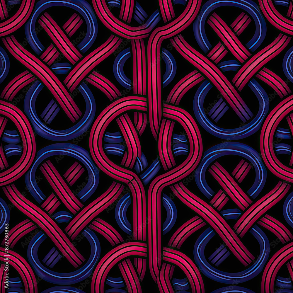 A vibrant colorfulness of purple, azure, violet, aqua, and magenta on a black textile background, forming a seamless pattern of red and blue lines with font art and symmetry A vibrant colorfulness of purple, azure, violet, aqua, and magenta on a black textile background, forming a seamless pattern of red and blue lines with font art and symmetry