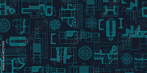 Engineering industrial background from technical drawing elements. Horizontal dark blue banner for engenering, industrial, technology or automation conceptual design.