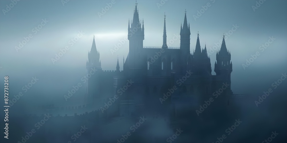 Fototapeta premium Nighttime in a Dystopian Fantasy Cityscape Medieval Gothic Castle with Towers. Concept Dystopian Fantasy, Nighttime, Cityscape, Medieval Gothic Castle, Towers
