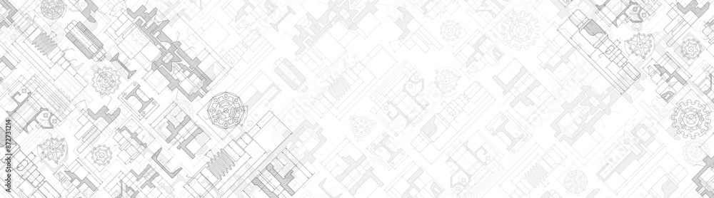 Obraz premium Engineering industrial background from technical drawing elements. Horizontal light banner for engenering, industrial, technology or automation conceptual design.