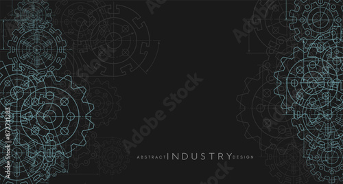 Engineering industrial background from technical drawing elements. Horizontal dark banner for engenering, industrial, technology or automation conceptual design.