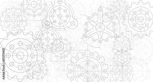 Engineering industrial background from technical drawing elements. Horizontal light banner for engenering, industrial, technology or automation conceptual design.