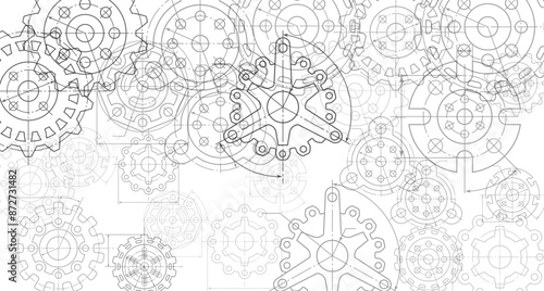 Engineering industrial background from technical drawing elements. Horizontal light backdrop for engenering, industrial, technology or automation conceptual design.