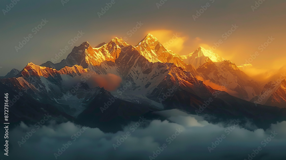 A majestic mountain peak towering above the clouds, bathed in golden sunlight with a soft mist rising from its base A majestic mountain peak towering above the clouds, bathed in golden sunlight with a soft mist rising from its base