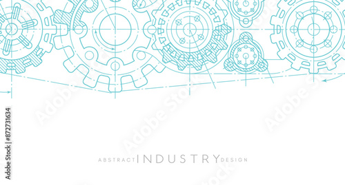 Engineering industrial background from technical drawing elements. Horizontal light blue banner for engenering, industrial, technology or automation conceptual design.